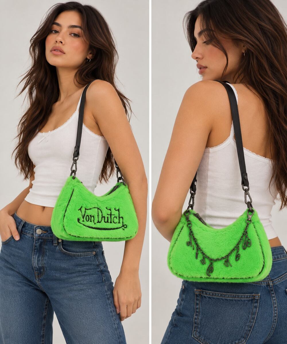 Von Dutch Lime Green Faux Fur Baguette Shoulder Bag NWT